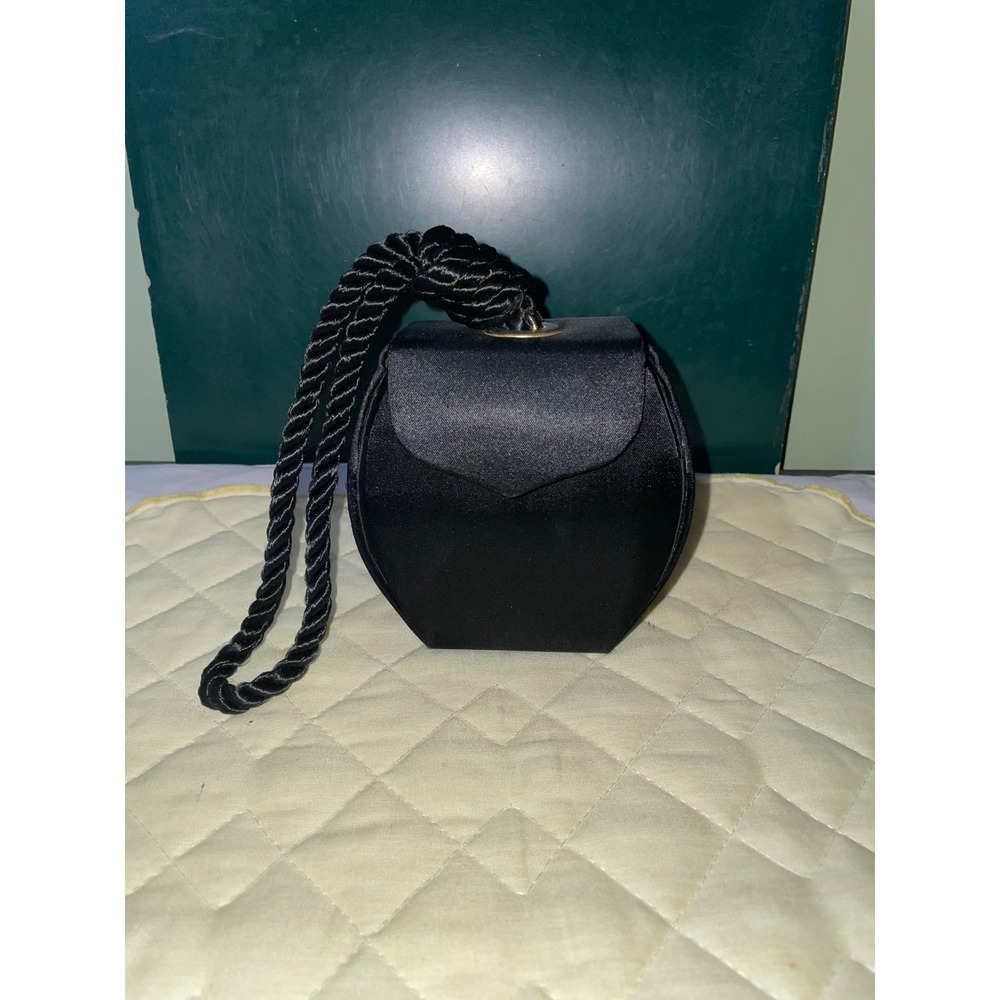 Vintage Y&S Black Satin Hexagon Evening Bag Twisted Rope Wristlet Purse